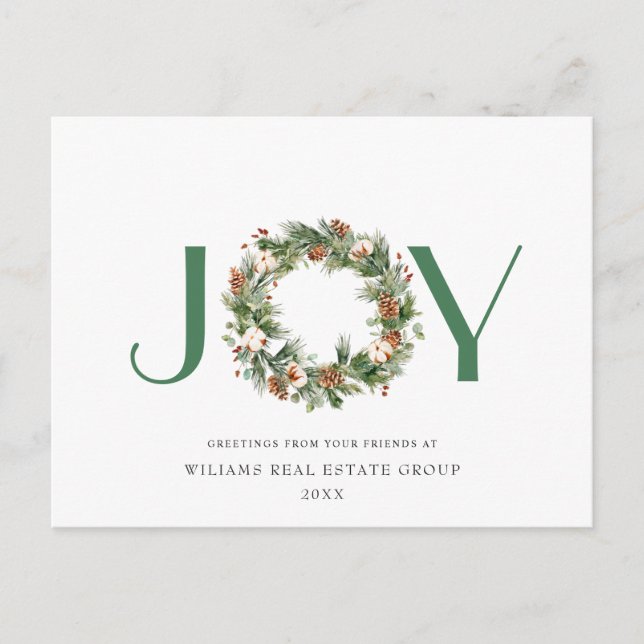 JOY Pine Cones Wreath Christmas Greeting Corporate Holiday Postcard (Front)