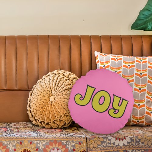 Joy Pink and Lime Green Retro Christmas Round Pillow