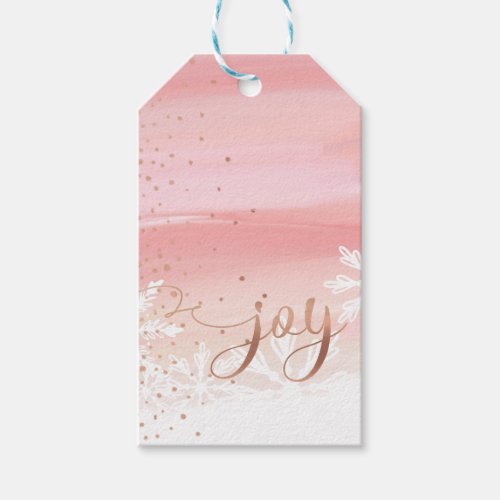 Joy  Pink Blush Watercolor Ombre Wash Snowflakes Gift Tags