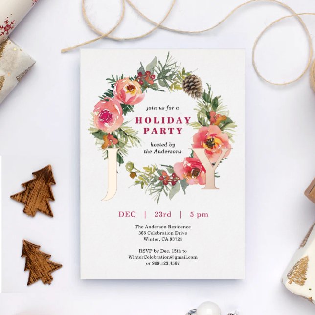 Joy Pink Floral Wreath Christmas Party Foil Foil Holiday Card (Creator Uploaded)