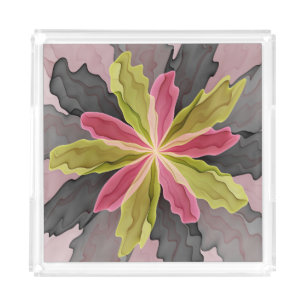 Joy, Pink Green Anthracite Fantasy Flower Fractal Acrylic Tray