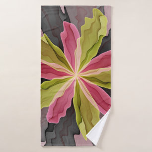 Joy, Pink Green Anthracite Fantasy Flower Fractal Bath Towel