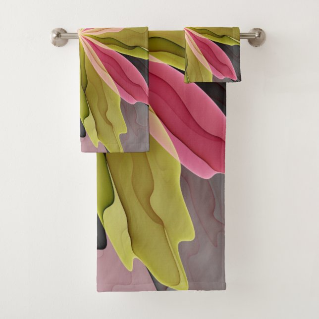 Joy, Pink Green Anthracite Fantasy Flower Fractal Bath Towel Set (Insitu)