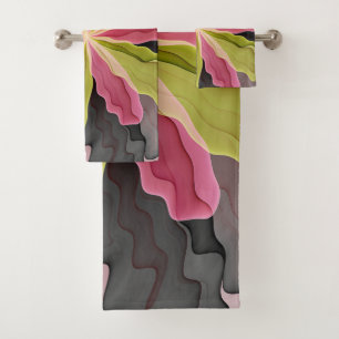 Joy, Pink Green Anthracite Fantasy Flower Fractal Bath Towel Set