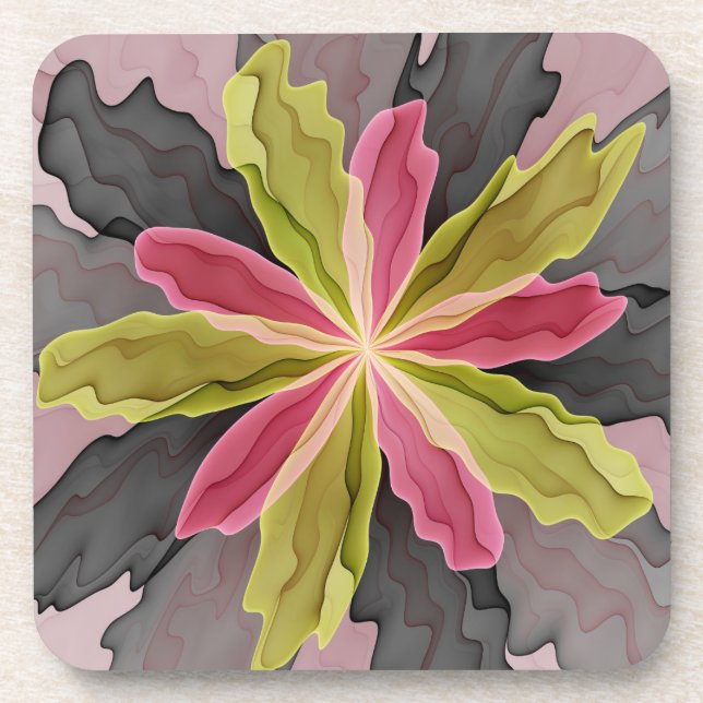Joy, Pink Green Anthracite Fantasy Flower Fractal Beverage Coaster (Front)