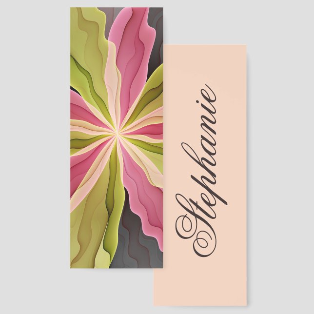 Joy, Pink Green Anthracite Fantasy Flower Fractal Bookmarks (Front & Back)