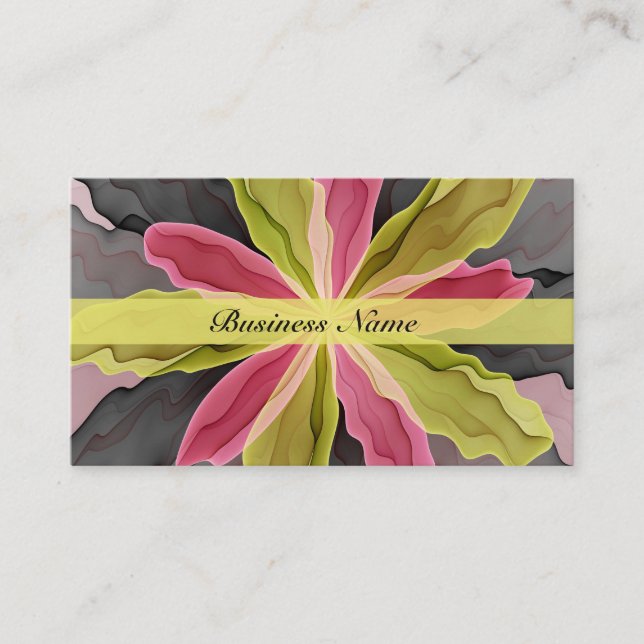 Joy, Pink Green Anthracite Fantasy Flower Fractal Business Card (Front)