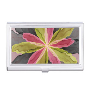 Joy, Pink Green Anthracite Fantasy Flower Fractal Business Card Case