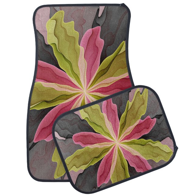 Joy, Pink Green Anthracite Fantasy Flower Fractal Car Floor Mat (Set)