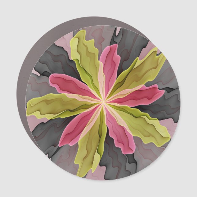 Joy, Pink Green Anthracite Fantasy Flower Fractal Car Magnet (Front)