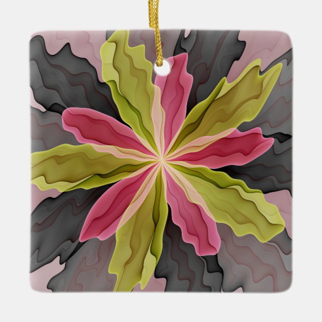Joy, Pink Green Anthracite Fantasy Flower Fractal Ceramic Ornament (Front)