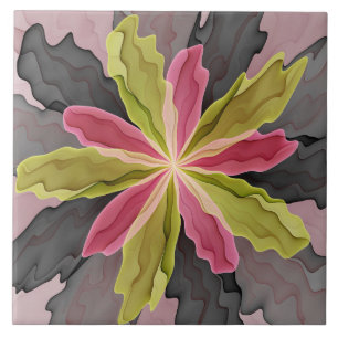 Joy, Pink Green Anthracite Fantasy Flower Fractal Ceramic Tile
