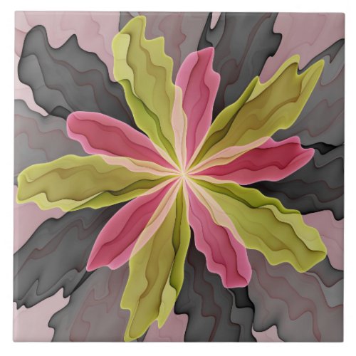 Joy Pink Green Anthracite Fantasy Flower Fractal Ceramic Tile