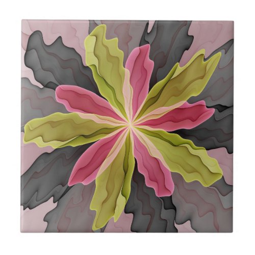 Joy Pink Green Anthracite Fantasy Flower Fractal Ceramic Tile