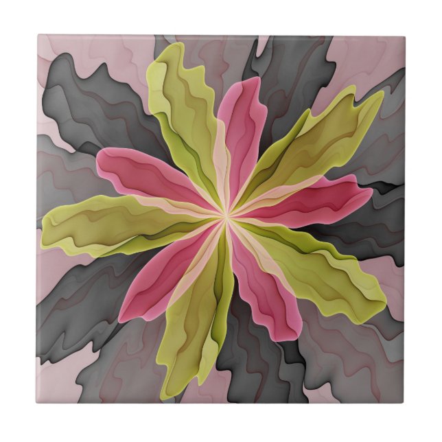 Joy, Pink Green Anthracite Fantasy Flower Fractal Ceramic Tile (Front)