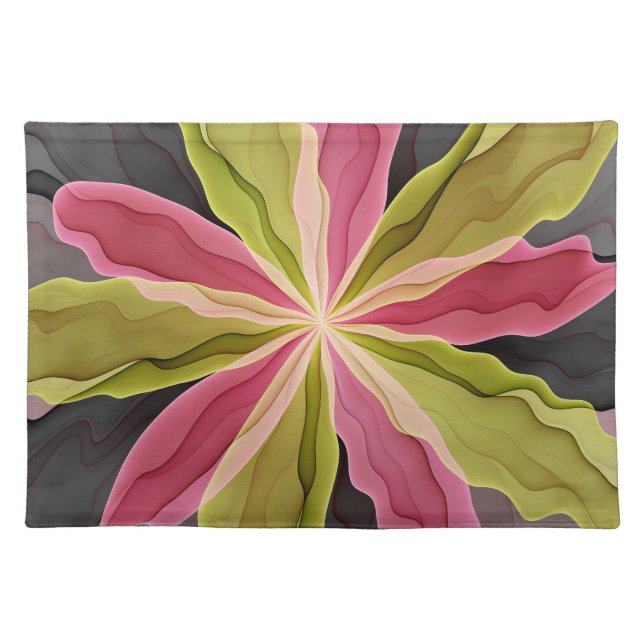 Joy, Pink Green Anthracite Fantasy Flower Fractal Cloth Placemat (Front)