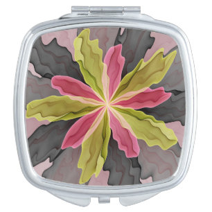 Joy, Pink Green Anthracite Fantasy Flower Fractal Compact Mirror