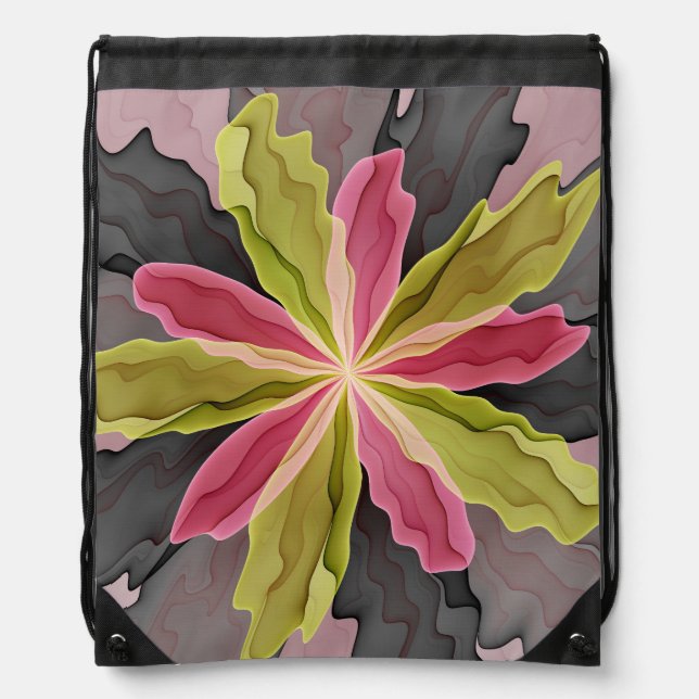 Joy, Pink Green Anthracite Fantasy Flower Fractal Drawstring Bag (Front)