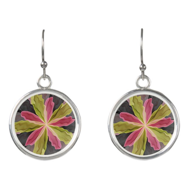 Joy, Pink Green Anthracite Fantasy Flower Fractal Earrings (Front)
