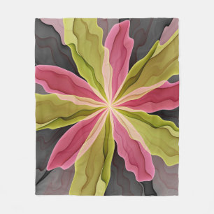Joy, Pink Green Anthracite Fantasy Flower Fractal Fleece Blanket