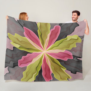 Joy, Pink Green Anthracite Fantasy Flower Fractal Fleece Blanket