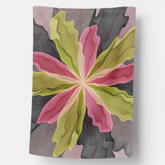 Joy, Pink Green Anthracite Fantasy Flower Fractal House Flag (Front)