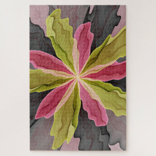 Joy, Pink Green Anthracite Fantasy Flower Fractal Jigsaw Puzzle