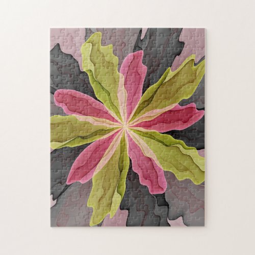 Joy Pink Green Anthracite Fantasy Flower Fractal Jigsaw Puzzle