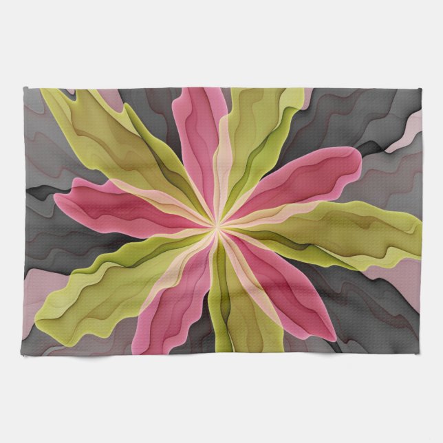 Joy, Pink Green Anthracite Fantasy Flower Fractal Kitchen Towel (Horizontal)