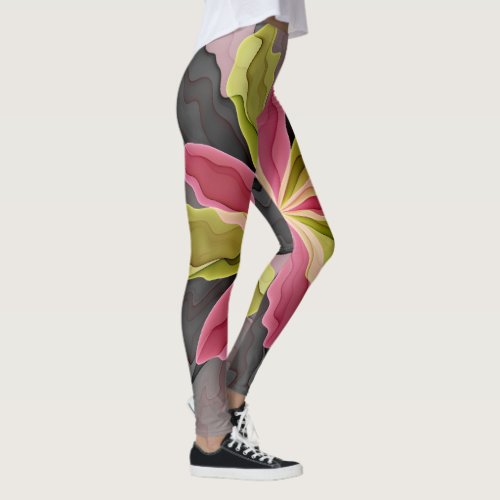 Joy Pink Green Anthracite Fantasy Flower Fractal Leggings