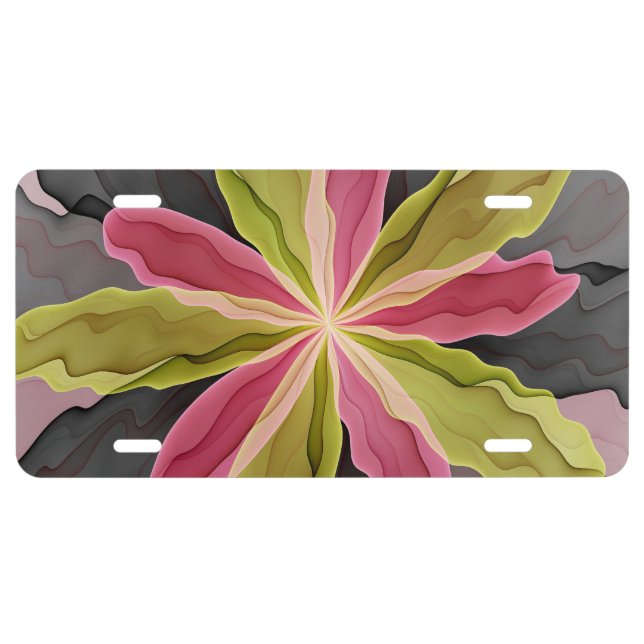 Joy, Pink Green Anthracite Fantasy Flower Fractal License Plate (Front)