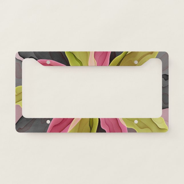 Joy, Pink Green Anthracite Fantasy Flower Fractal License Plate Frame (Front)