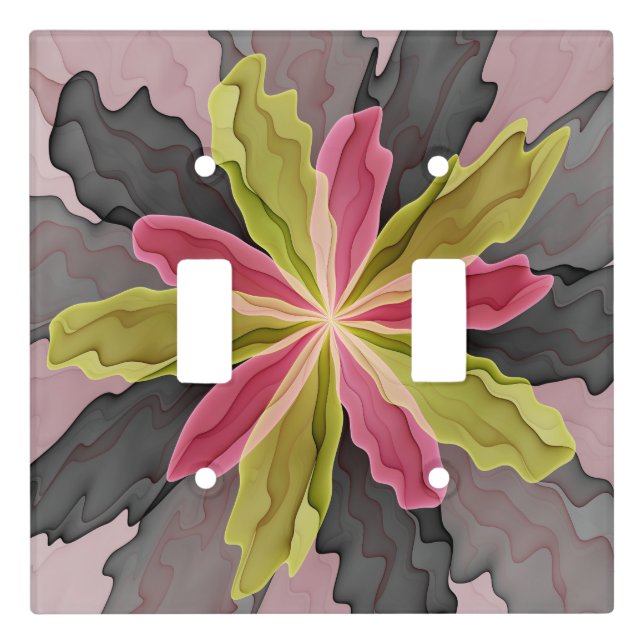 Joy, Pink Green Anthracite Fantasy Flower Fractal Light Switch Cover (Front)