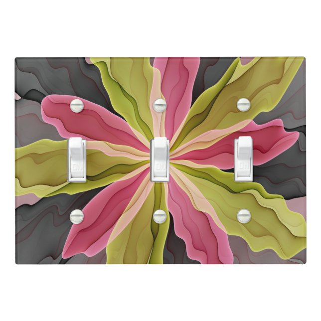 Joy, Pink Green Anthracite Fantasy Flower Fractal Light Switch Cover (In Situ)