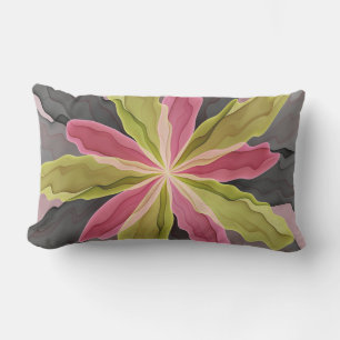 Joy, Pink Green Anthracite Fantasy Flower Fractal Lumbar Pillow