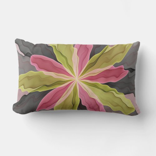 Joy Pink Green Anthracite Fantasy Flower Fractal Lumbar Pillow