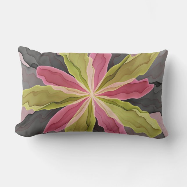 Joy, Pink Green Anthracite Fantasy Flower Fractal Lumbar Pillow (Front)