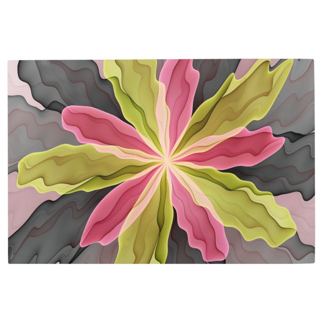 Joy, Pink Green Anthracite Fantasy Flower Fractal Metal Print (Front)