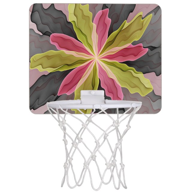 Joy, Pink Green Anthracite Fantasy Flower Fractal Mini Basketball Hoop (Front)