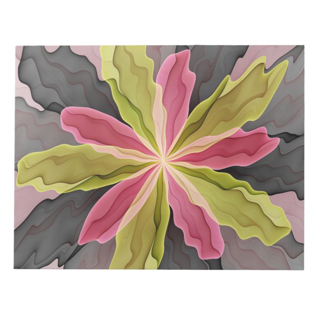 Joy, Pink Green Anthracite Fantasy Flower Fractal Notepad (Front)