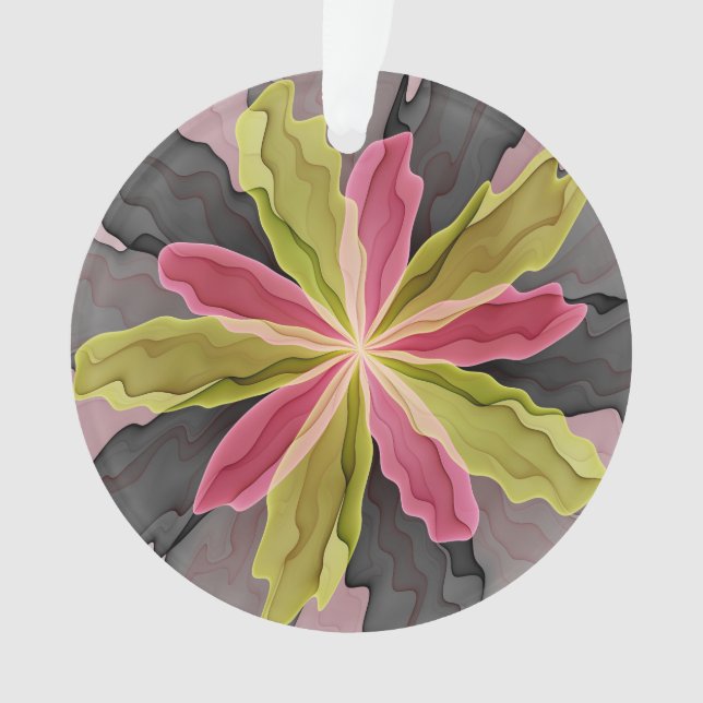 Joy, Pink Green Anthracite Fantasy Flower Fractal Ornament (Front)