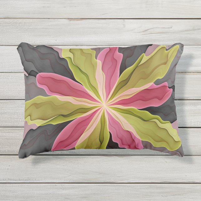 Joy, Pink Green Anthracite Fantasy Flower Fractal Outdoor Pillow (Front)