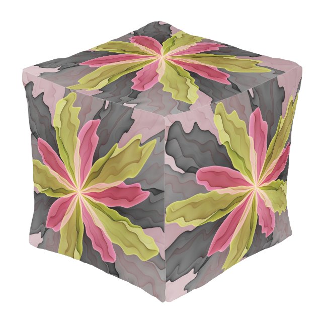 Joy, Pink Green Anthracite Fantasy Flower Fractal Outdoor Pouf (Angled Front)