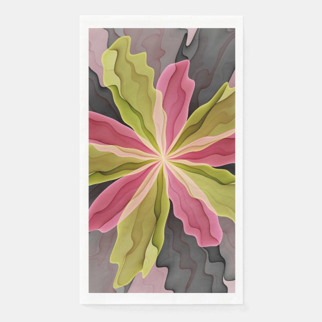 Joy, Pink Green Anthracite Fantasy Flower Fractal Paper Guest Towels (Front)