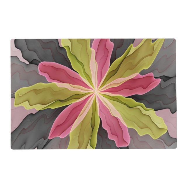 Joy, Pink Green Anthracite Fantasy Flower Fractal Placemat (Front)