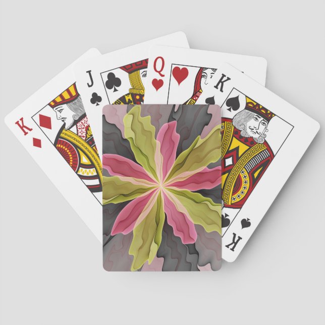 Joy, Pink Green Anthracite Fantasy Flower Fractal Poker Cards (Back)