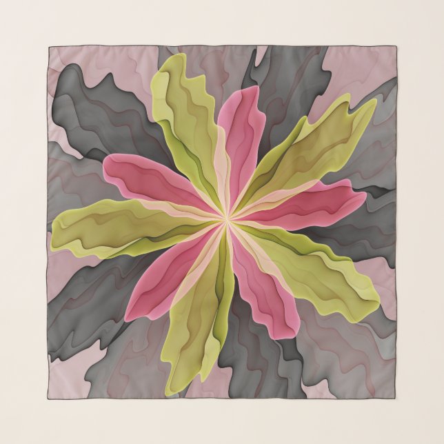 Joy, Pink Green Anthracite Fantasy Flower Fractal Scarf (Front)