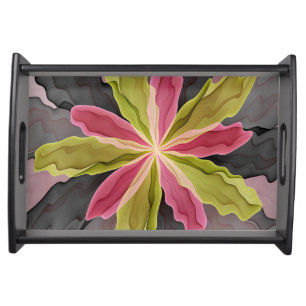 Joy, Pink Green Anthracite Fantasy Flower Fractal Serving Tray