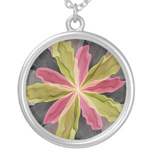 Joy, Pink Green Anthracite Fantasy Flower Fractal Silver Plated Necklace