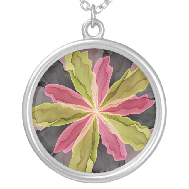 Joy, Pink Green Anthracite Fantasy Flower Fractal Silver Plated Necklace (Front)